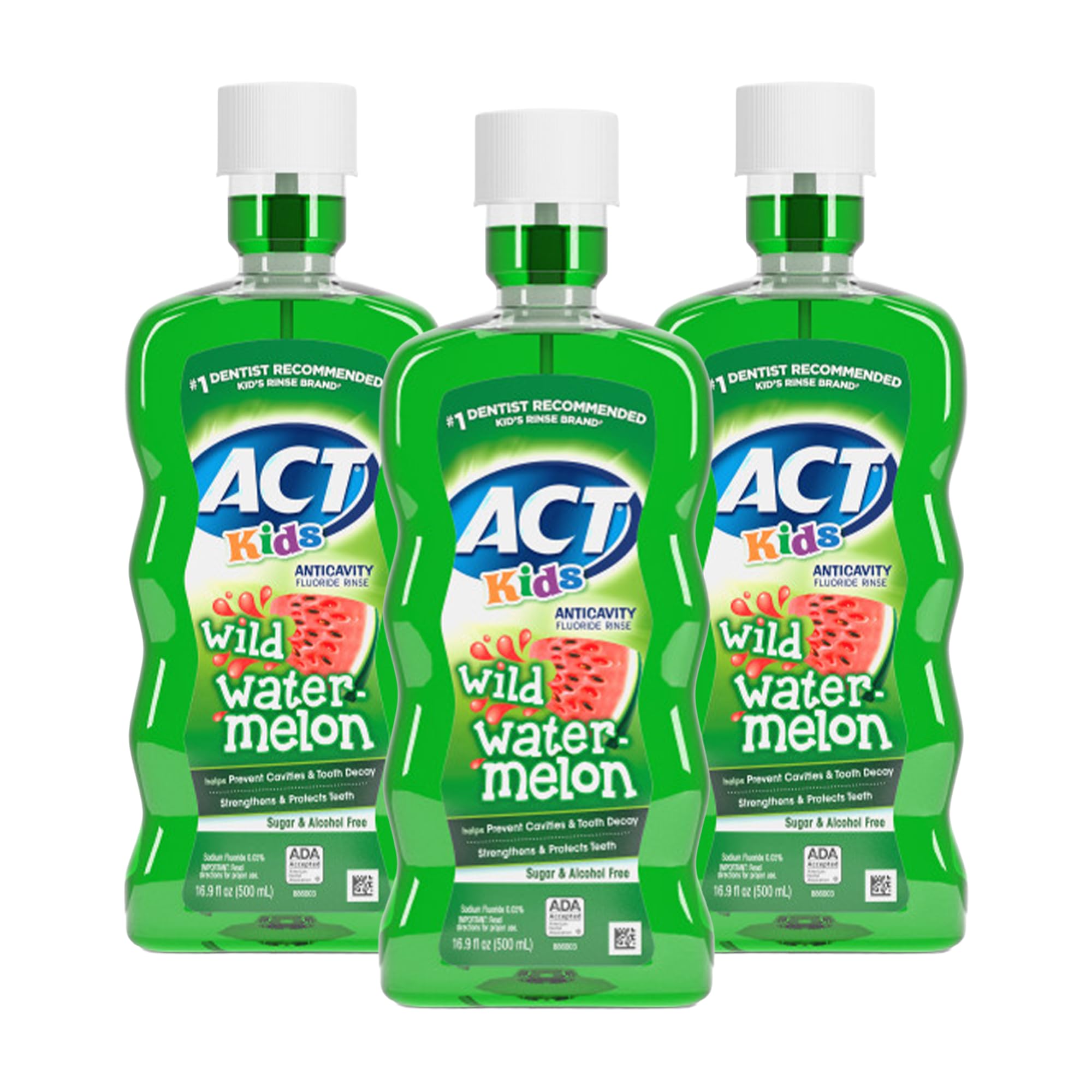 ACT Kids Anticavity Fluoride Mouthwash, Sugar &amp; Alcohol Free Mouth Rinse Strengthens Teeth, Wild Watermelon, 16.9 fl. oz.(Pack of 3)