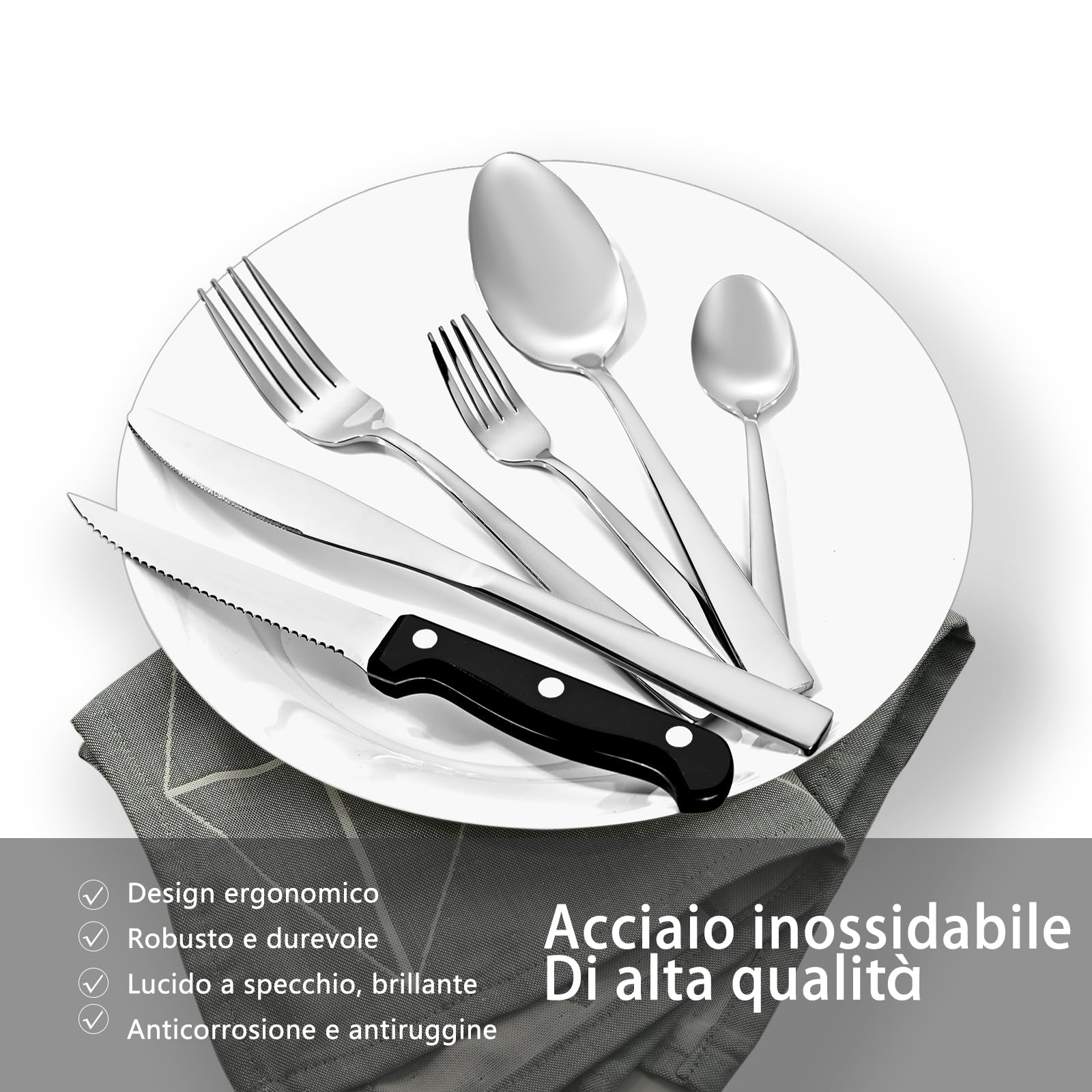 Set Posate Acciaio Inox 36 Pezzi per 6 Persone - Servizio Posate Completo con Coltelli da Carne, Forchette, Cucchiai e Cucchiaini- Design Moderno, Alta Resistenza, Lavabile in Lavastoviglie