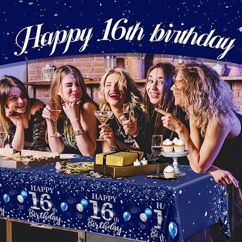 Miniatura 18 de GREHUMOR Mantel de feliz cumpleaños de 3 piezas, color azul plateado, suministros para fiesta de cumpleaños 30, funda de mesa desechable de plástico