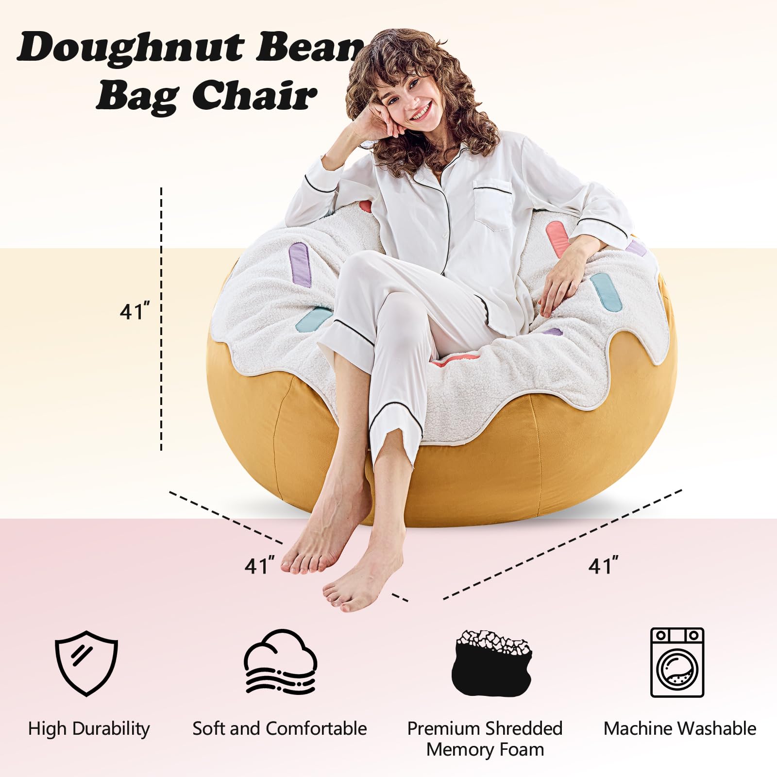 Condition photo showing New/Like New for donut bean bag chair - cute bean bag sofa with filler - ideal for girls room and dorm decor - oversized lounge chair for teens and kids - plush beanbag furniture for bedroom living room - 41inch
