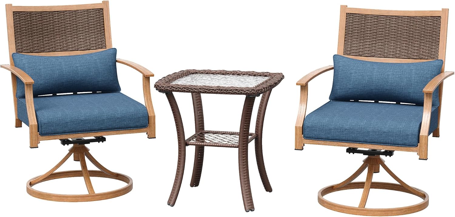 All components of the VONZOY 3-Piece Outdoor Wicker Patio Set laid out, including two chairs, a table, and cushions.