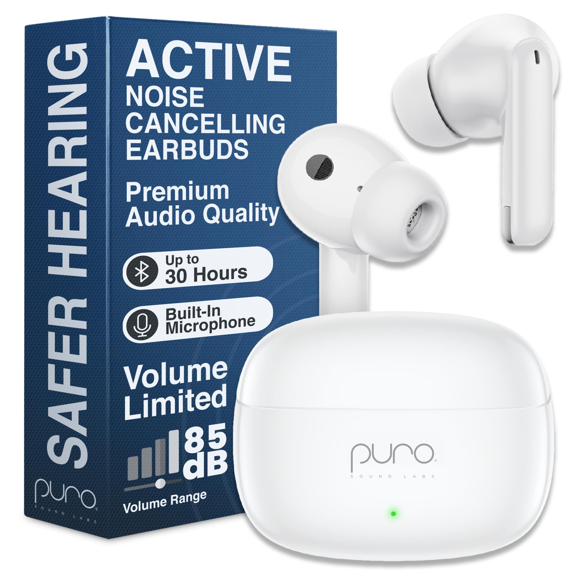 Puro Sound Labs PuroQuiet-Air Active Noise Cancelling Bluetooth Earbuds, Volume-Limited Wireless Earphones for Safe Listening, Soft Touch, Type-C