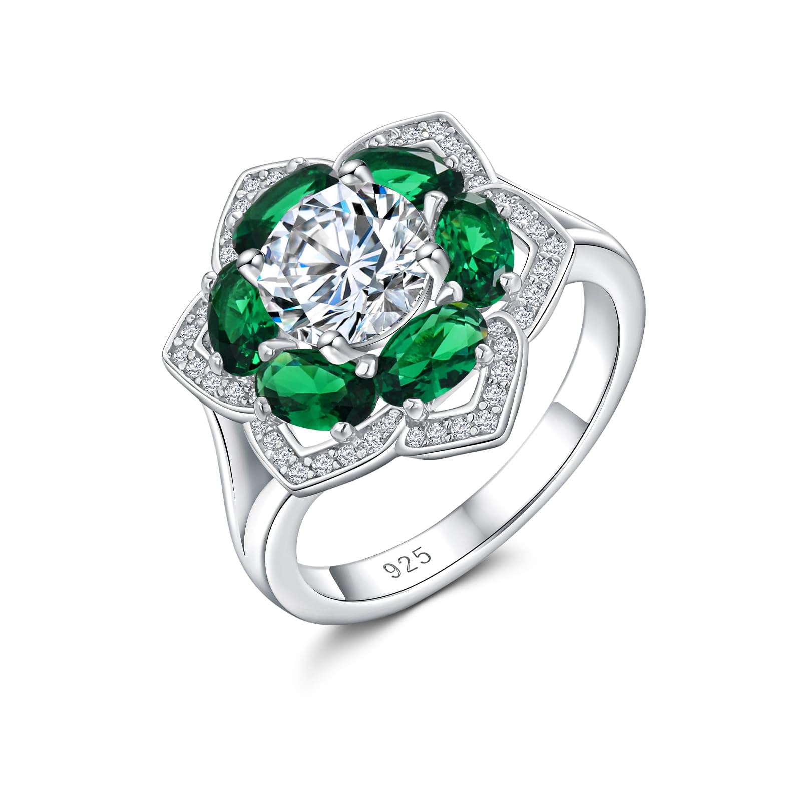 Flower Engagement Promise Ring Sterling Silver Birthstone Rings for Women Sapphire/Emerald/Ruby Gemstone Six Leaf Clover Statement Cocktail Ring Size 6 to 10
