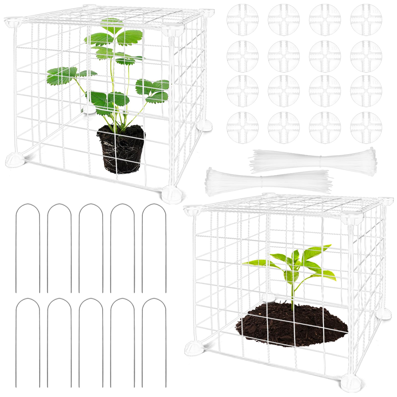 10 Sheet Chicken Wire Cloche for Plants 30x30 cm Metal Garden Plant Protectors from Animals Square Wire Plant Cages Mesh with Stakes 200 Ties for Protecting Flower Vegetable from Chicken (White)