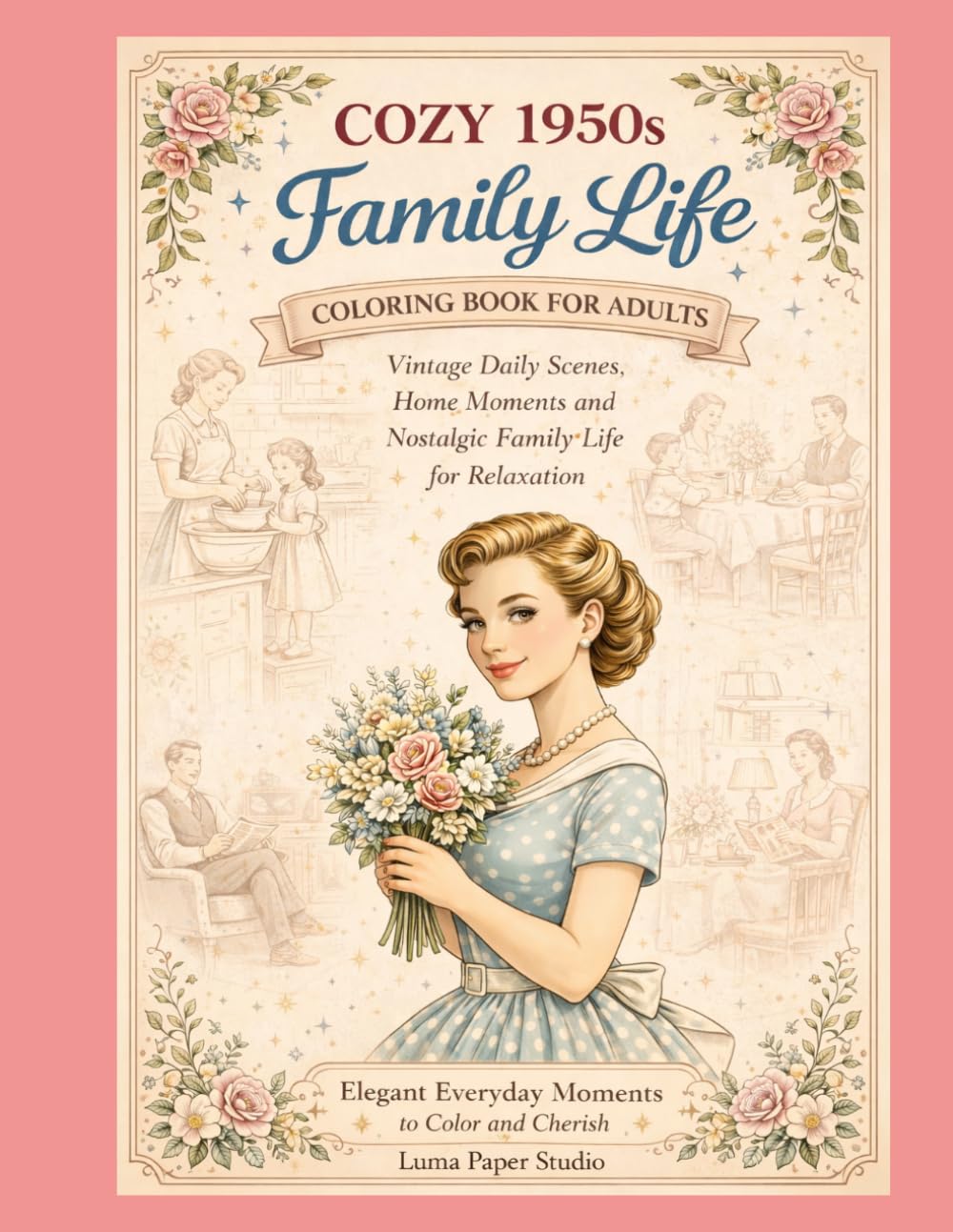 Coloring Book for Adults. Cozy 1950s Family Life: Vintage Daily Scenes, Home Moments and Nostalgic Family Life for Relaxation