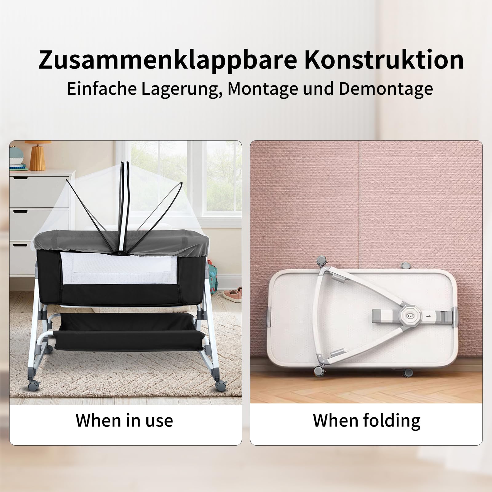 homewell 2 in 1 Beistellbett Baby & Babywiege mit Moskitonetz, Stubenwagen Baby Faltbar, 6 Fach Höhenverstellung und Neigungsverstellung, Seiten aus Netz, für Zuhause und Unterwegs (Schwarz)