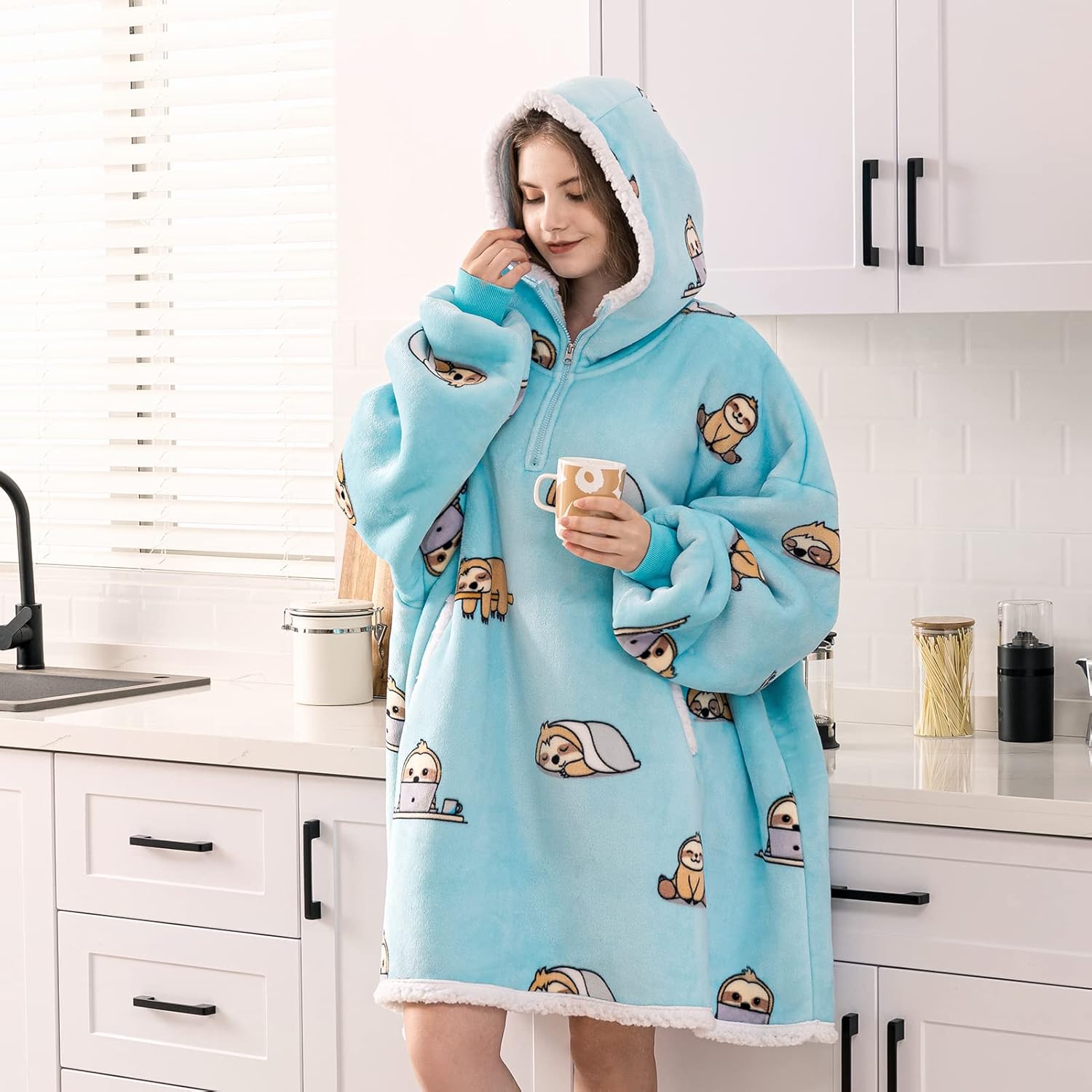 HBlife Oversized Wearable Blanket Hoodie for Adults, Thick Sherpa Fleece Sweatshirt with Elastic Sleeves & Giant Pockets, Cozy Plush Fleece Jacket, Warm Blanket for Winter, Cow