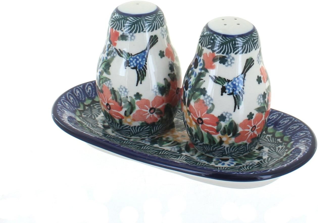 Blue Rose Polish Pottery - Brown Harvest Bounty Salt & Pepper Shakers with Tray - 3.5" Tall - Hand-Painted Ceramic Seasoning Set for Table & Kitchen