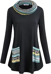 Moletons femininos Moqivgi de manga comprida com gola drapeada e bolsos, Multicolored Black, Medium