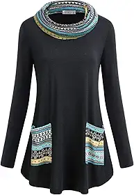 Moletons femininos Moqivgi de manga comprida com gola drapeada e bolsos, Multicolored Black, Medium