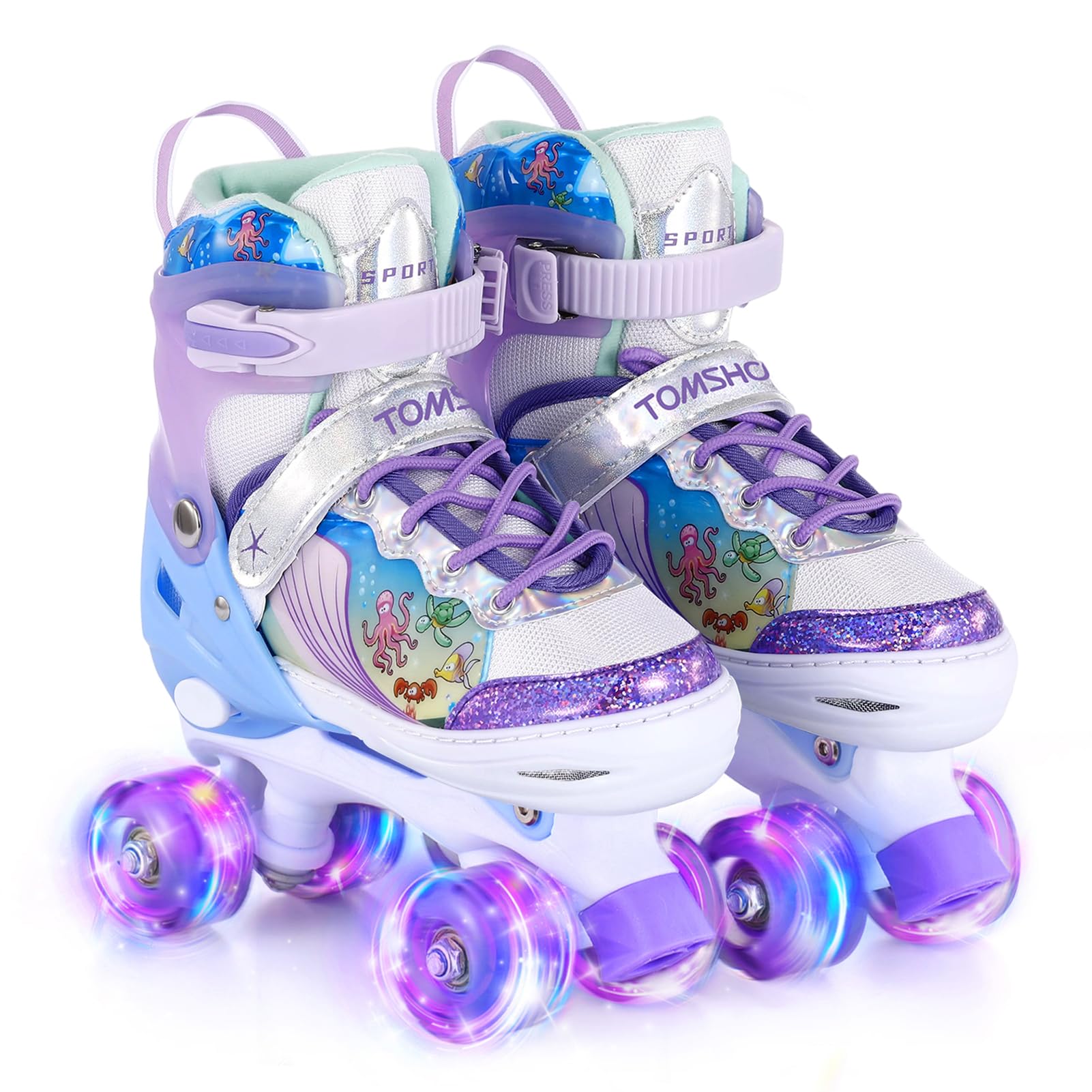 TOMSHOO Roller Enfant Fille, Patins à roulettes Fille avec LED Lumineuse Roues, 4 Taille Réglable, Rollers Quad pour Enfants, Adolescents, débutants Débutants Cadeau Anniversaire