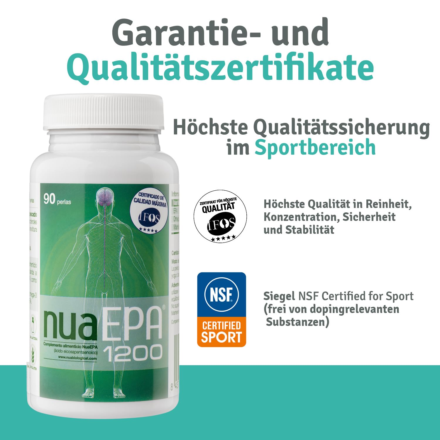 Nua Biological NuaEPA®1200 – Omega-3 100% EPA – 90 Kapseln (3 Monate) – 1200 mg EPA pro Kapsel – Triglycerid-Form – Hohe Konzentration – Ohne leere Fette