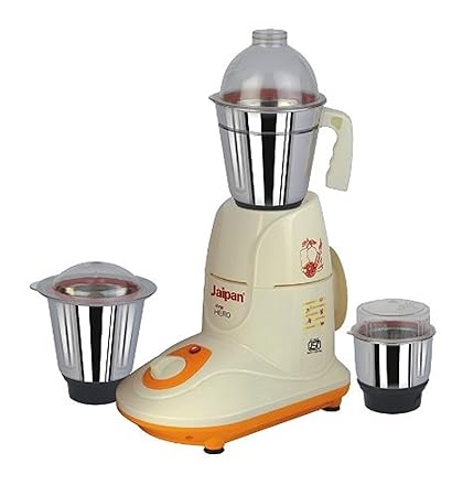 Jaipan Hero Mixer Grinder with 3 Stainless Steel Jars 550W, orange & off white
