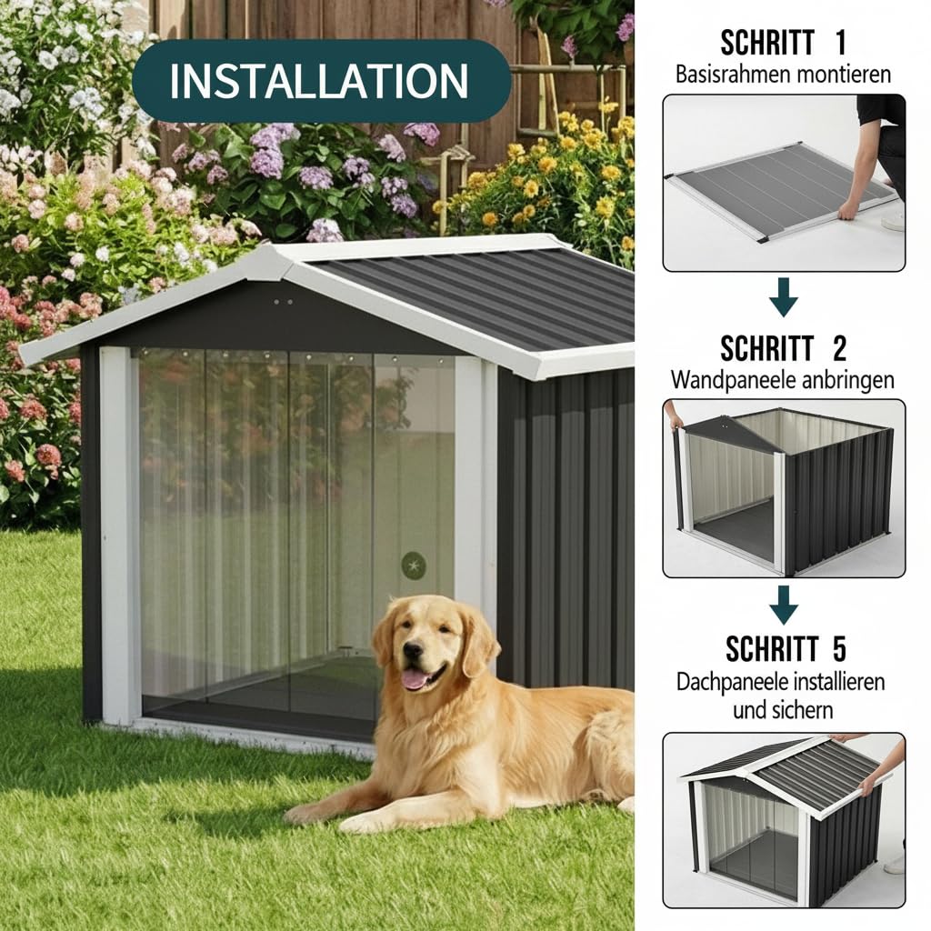 Caseta para perros XXL para exteriores, 102 cm, impermeable, protección UV, ventilación, color gris | Caseta XXL resistente al agua: sin remojo, sin tambalearse. Confort seco, protección UV, duradero, calidad estable.