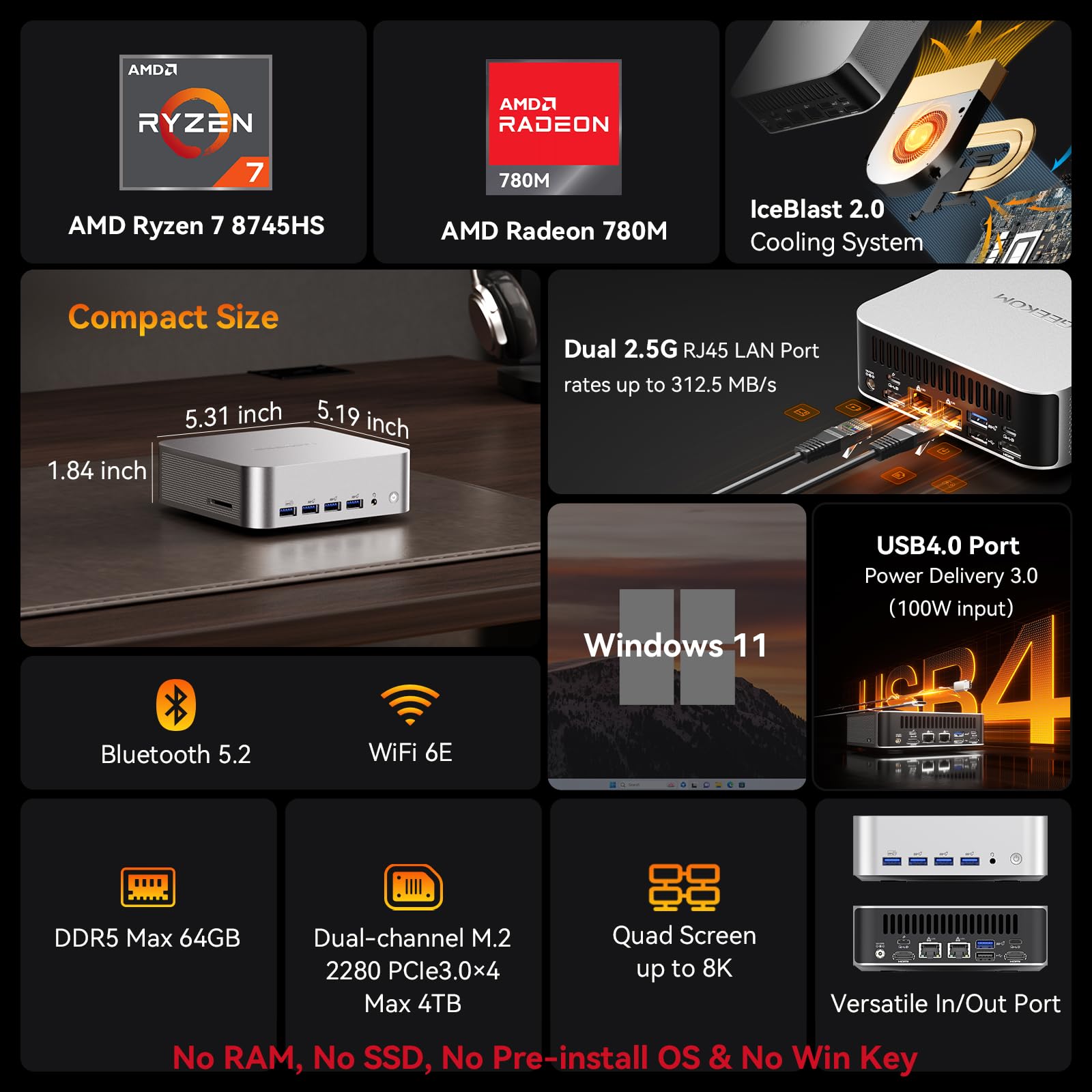 GEEKOM Barebones Mini PC de oficina y edición de video, A8 Max con AMD Ryzen 7 8745HS (Beats H 255/7735hs) sin RAM/SSD/OS (sin memoria), mini computadora de escritorio LAN dual [cobertura de 3 años