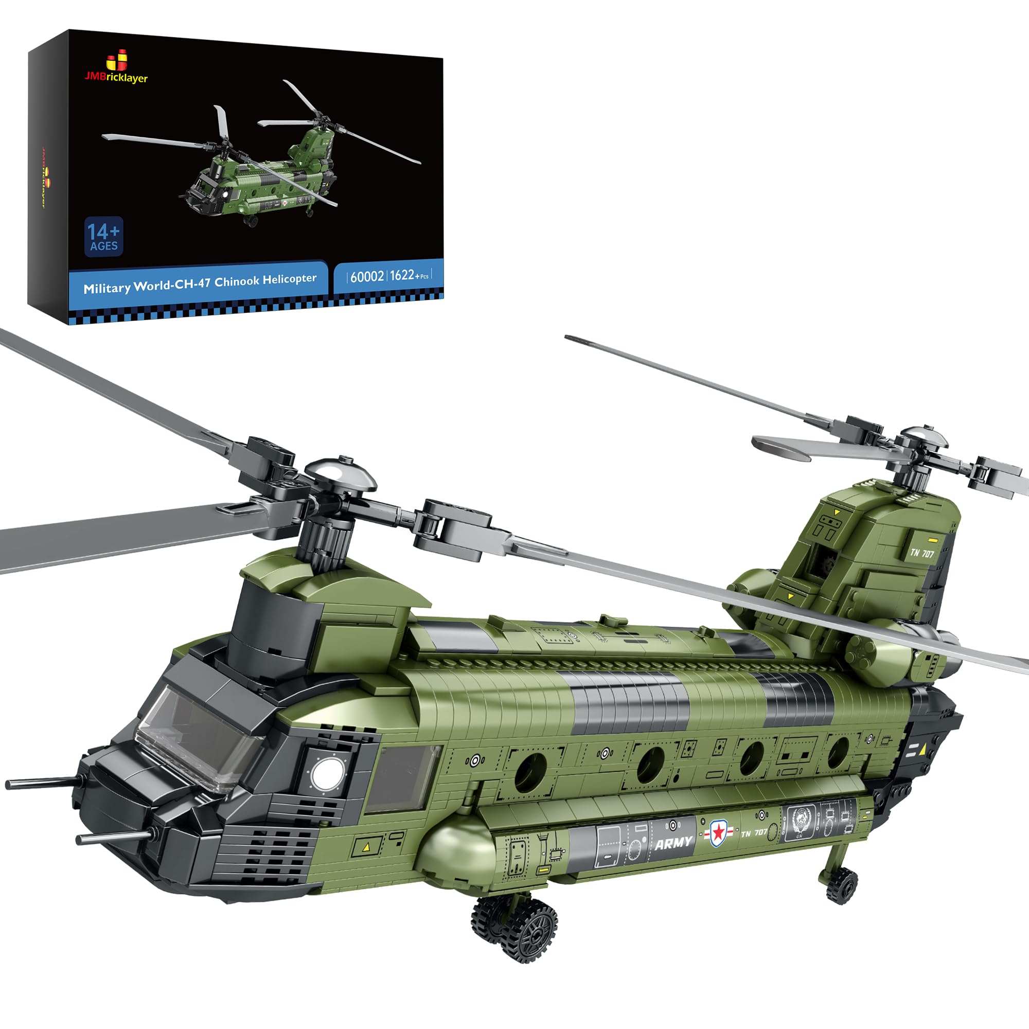 JMBricklayer CH-47 Chinook Helicopter Building Set, Military Cargo Helicopter Model Kit for Adults & Teens, Realistic Aircraft Blocks Toy with Rotating Rotors, Display Collectible Army Model