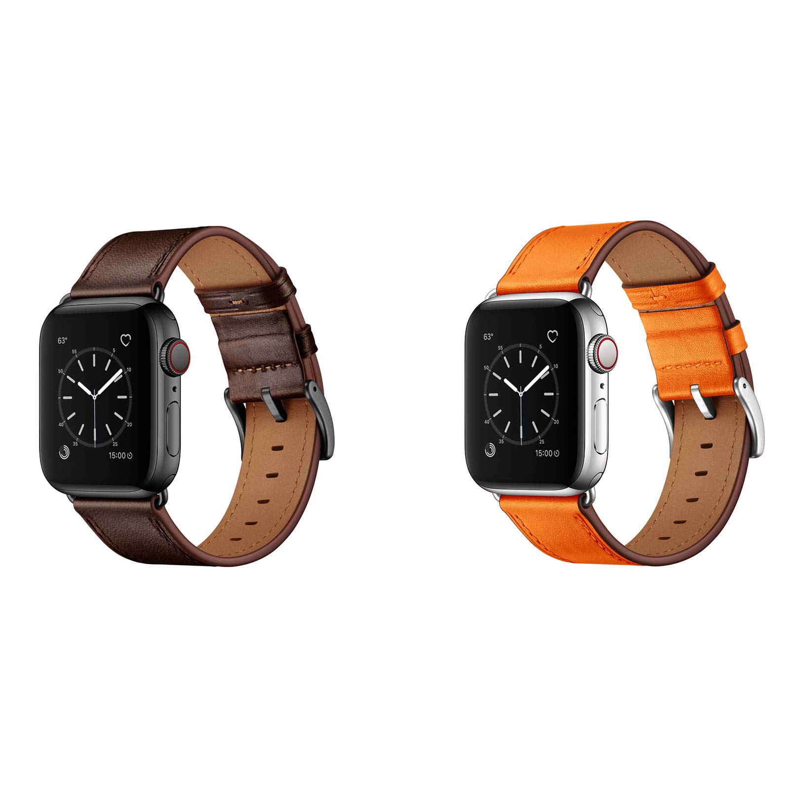 OUHENGCompatible with Apple Watch Band Genuine Leather Replacement Strap 49mm 45mm 44mm 42mm Dark Brown & Orange