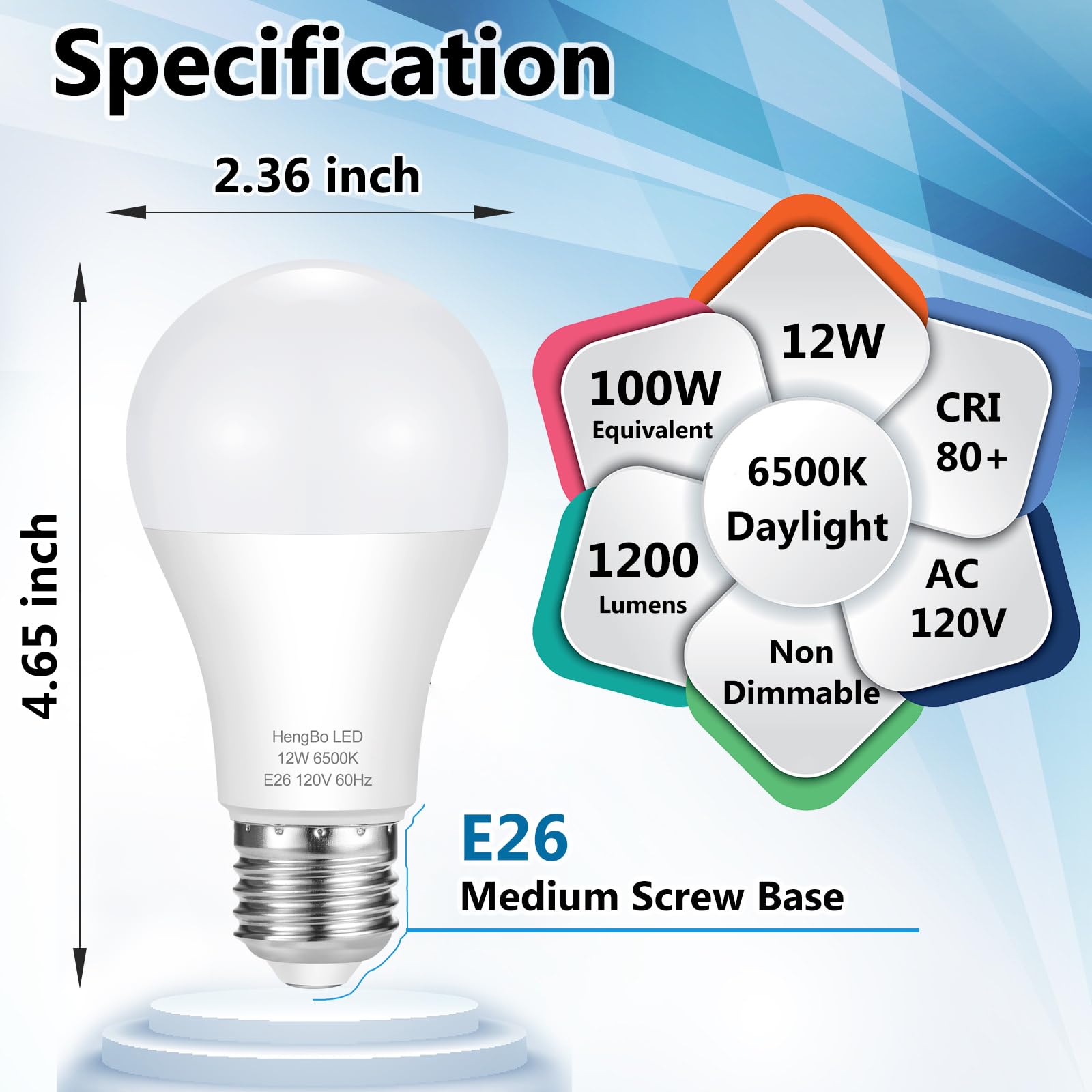A19 LED Light Bulbs 100 Watt Equivalent HengBo 6500K Daylight White Light Bulb 12W 1200 Lumens Non-Dimmable E26 — view 2