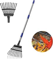 Bird Twig Garden Leaf Rake - 11 Metal Tines, 8.5" Wide Head, Adjustable 36-78" Stainless Steel Handle for Lawns, Shrubs & Beds
