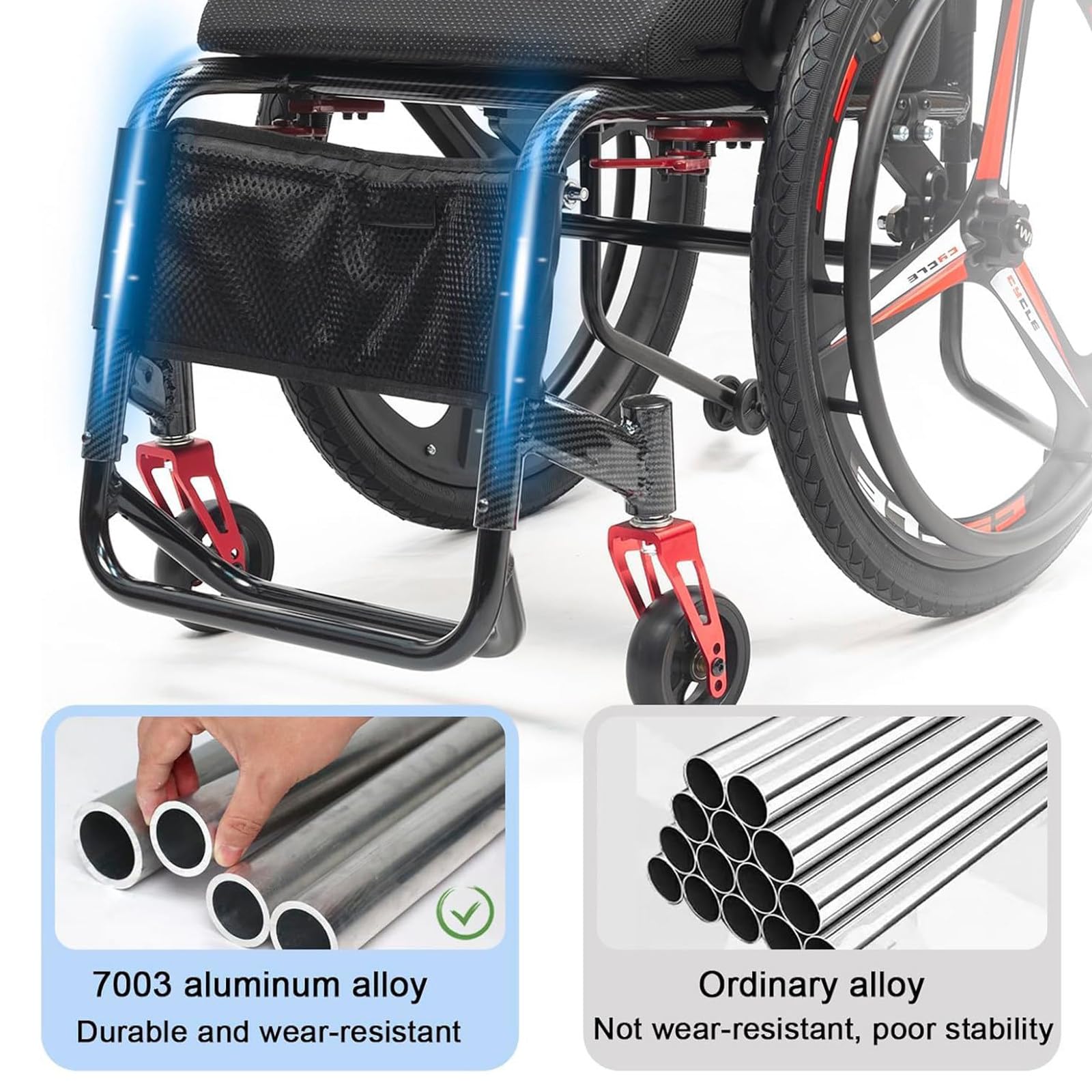 Składany, terenowy wózek inwalidzki, przenośny, aluminiowy, samojezdny, ręczny wózek inwalidzki, wózek transportowy z odchylanymi podnóżkami, zabezpieczenie Black-Softbackrest