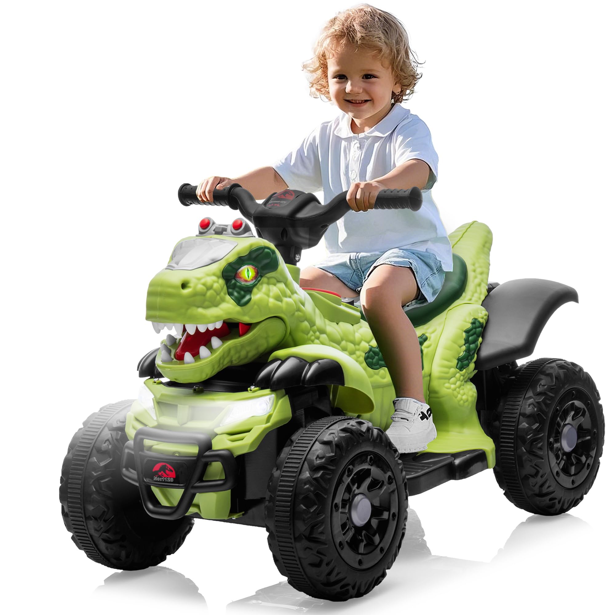 12V ATV Electric Ride on Car, Dinosaur Battery Electric Car for Kids with Music, Cool Light, Microphone Interface Kids Ride On Toy Tree Tyrannosaurus Rex Green