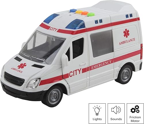 Miniatura 2 de Vokodo Ambulancia de rescate alimentada por fricción a escala 116 con luces y sonidos, transporte médico para niños, vehículo de emergencia Push and
