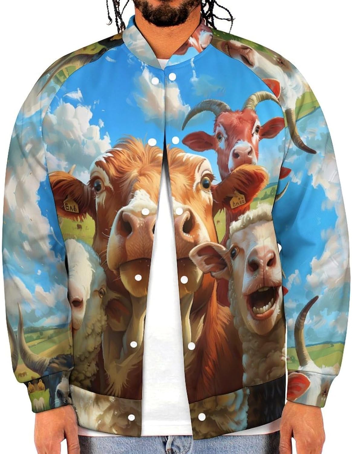 Farmhouse Animals Selfie Picture Novelty Men's Baseball Jackets Causal Sweatshirt Button Top Long Sleeve Coat