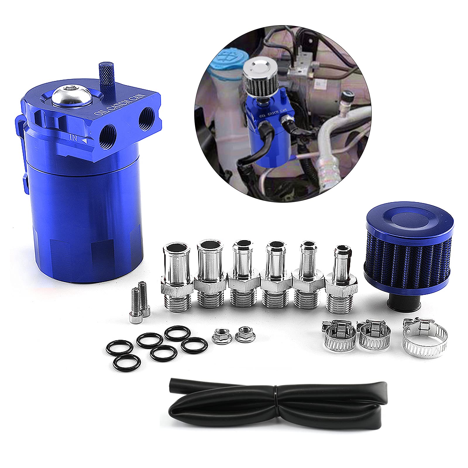 Kit Universale Serbatoio del Serbatoio per Auto, Séparateur Universel D'huile D'air de Réservoir de Voiture de Réservoir D'huile en Aluminium avec Filtre à Air, Tuyau et Autres Accessoires (Bleu)