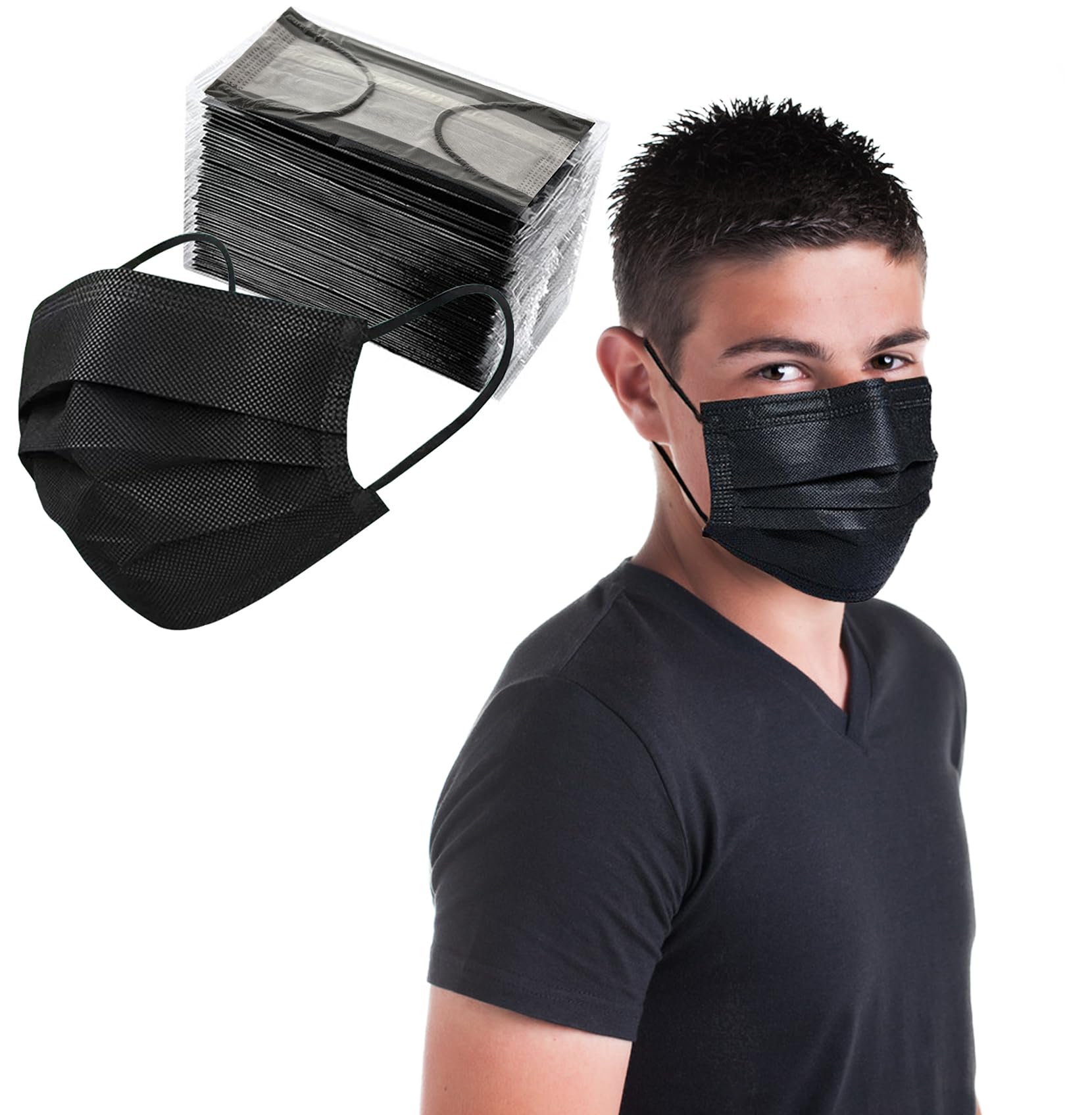 Black Face Mask Disposable for Adults 3-Ply Filter Disposable Face Mask 50 Pack Individual Wrap for Home Office School Work