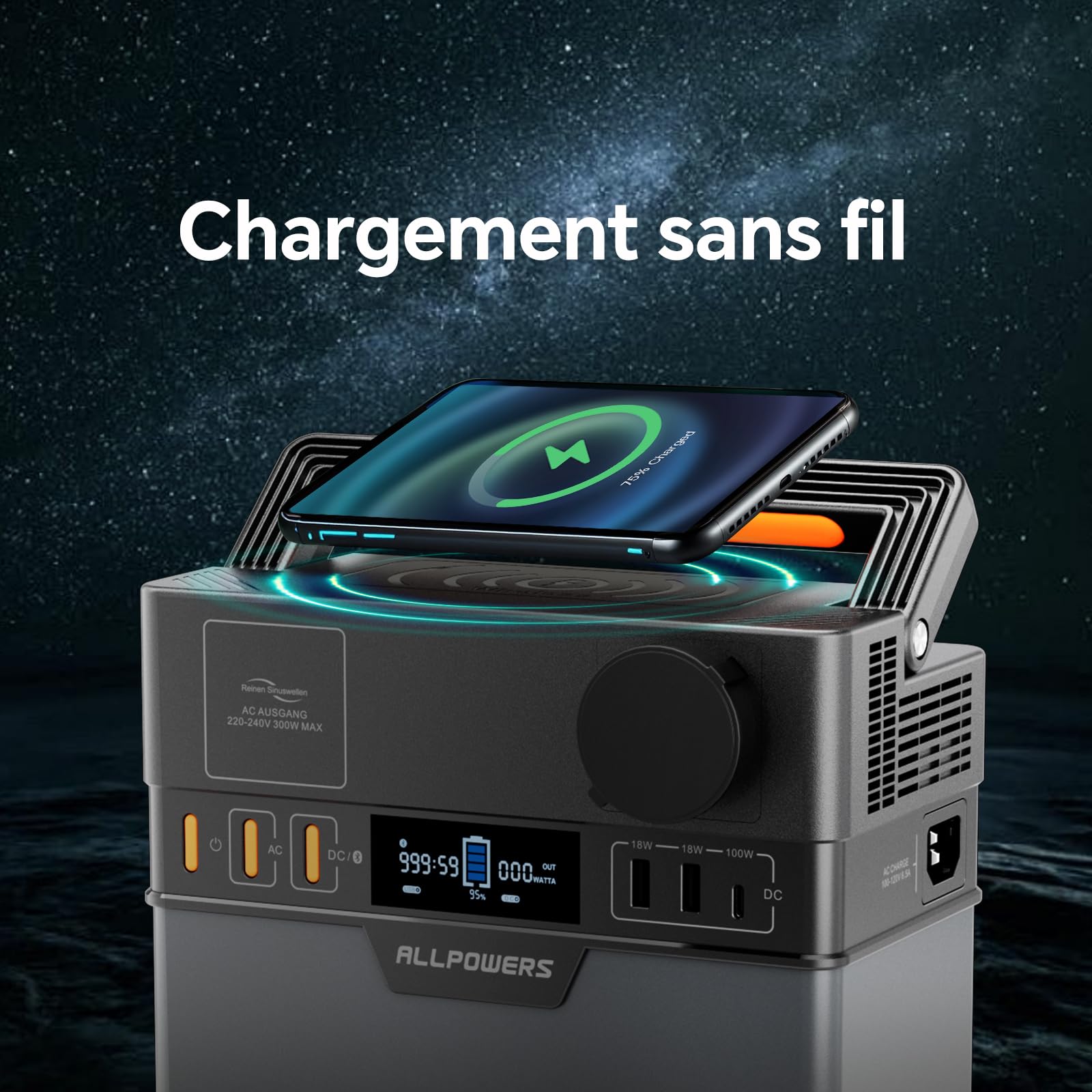 ALLPOWERS S300 Station électrique portable 288Wh avec sortie CA 300W et USB-C 100W, fonction UPS ultra-silencieuse 30 dB, générateur solaire à charge rapide 1 heure pour camping, voyage, urgence