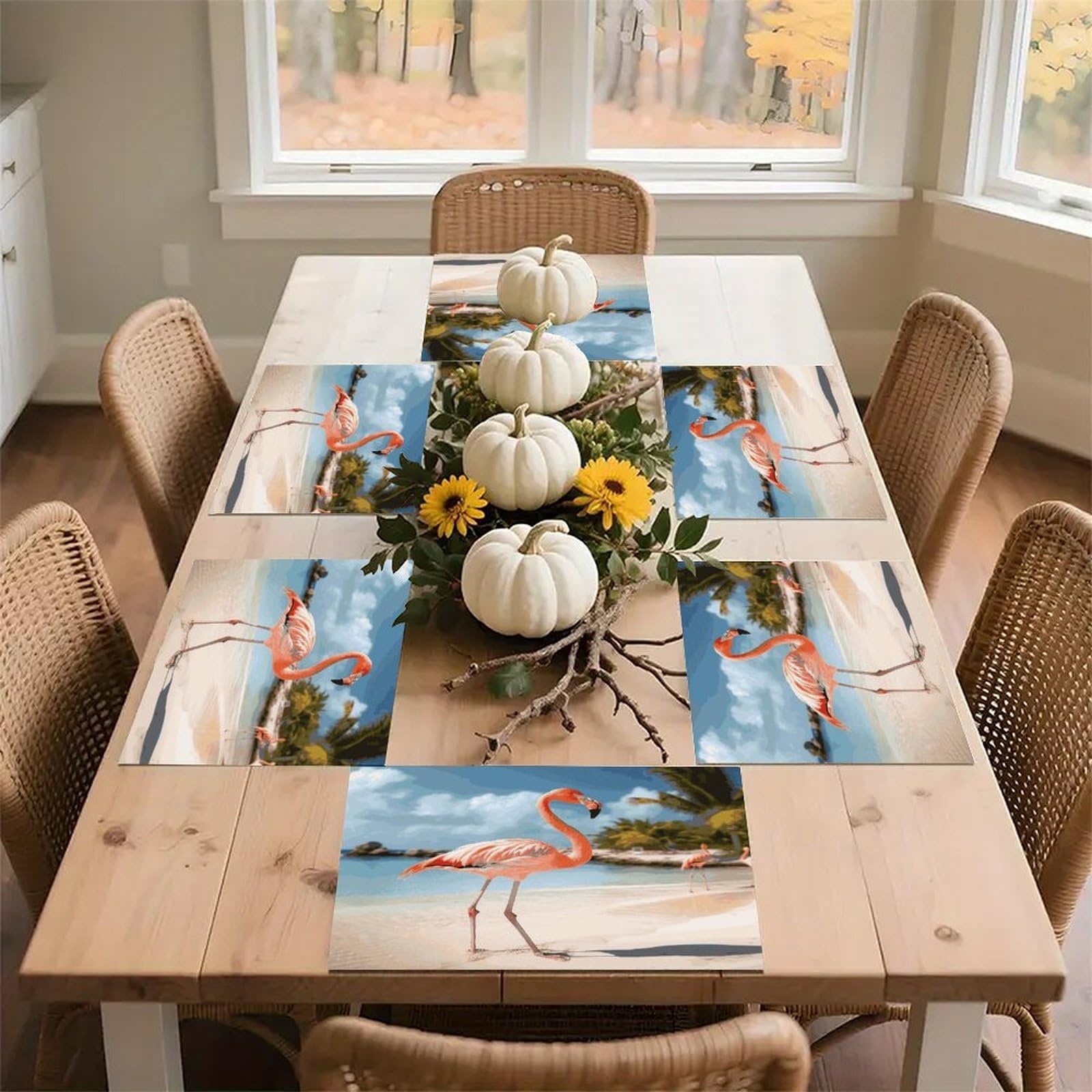 Beach Flamingo Placemats Wipeable Heat Resistant Table Mats Washable Flax Place Mats Elegant Cloth Non-Slip Placemat for Kitchen Dinning Party Table Decor 12 * 18 in