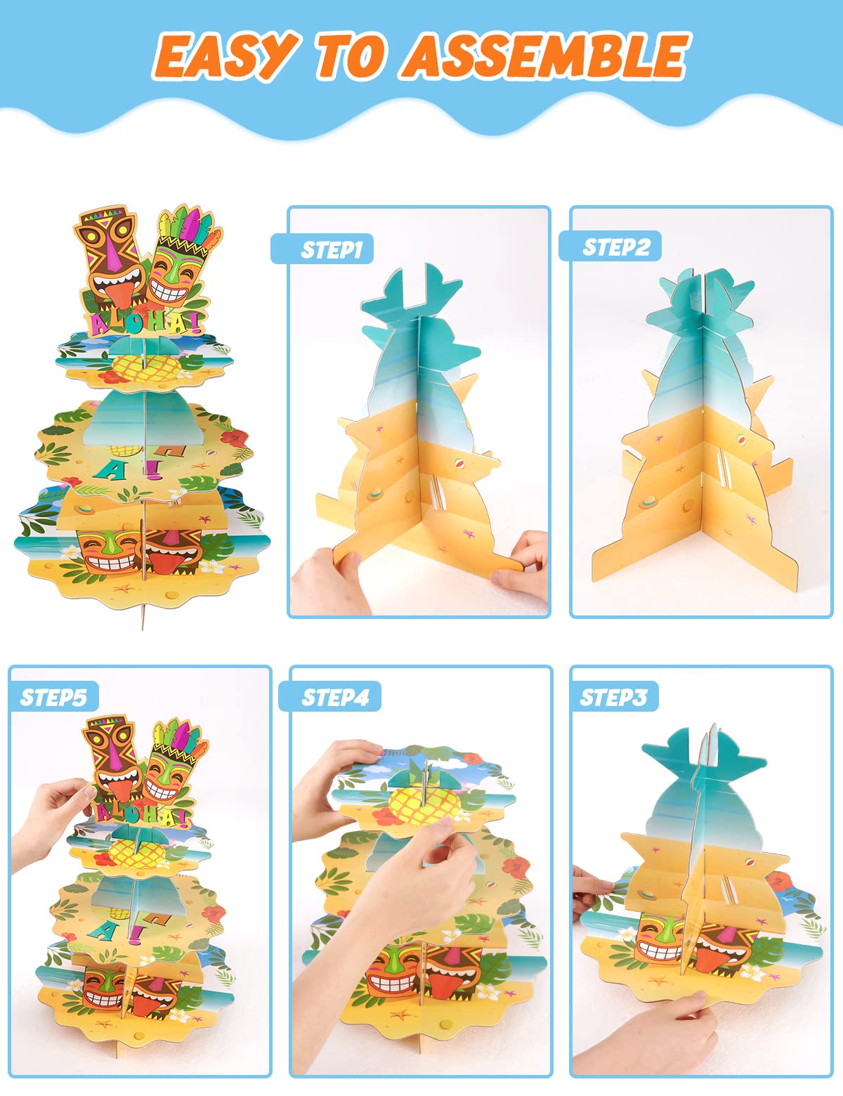 Hawaiian Cupcake Stand - Luau Party Decorations For Kids 3 Tier Cardboard Cupcake Stand Holder Dessert Tower Tropical Birthday Party Supplies Baby Shower Round Serving Tray Stand