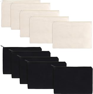 Gejoy 10 Pack Blank Canvas Cosmetic Bags Zipper Pouch DIY,M,Beige and Black