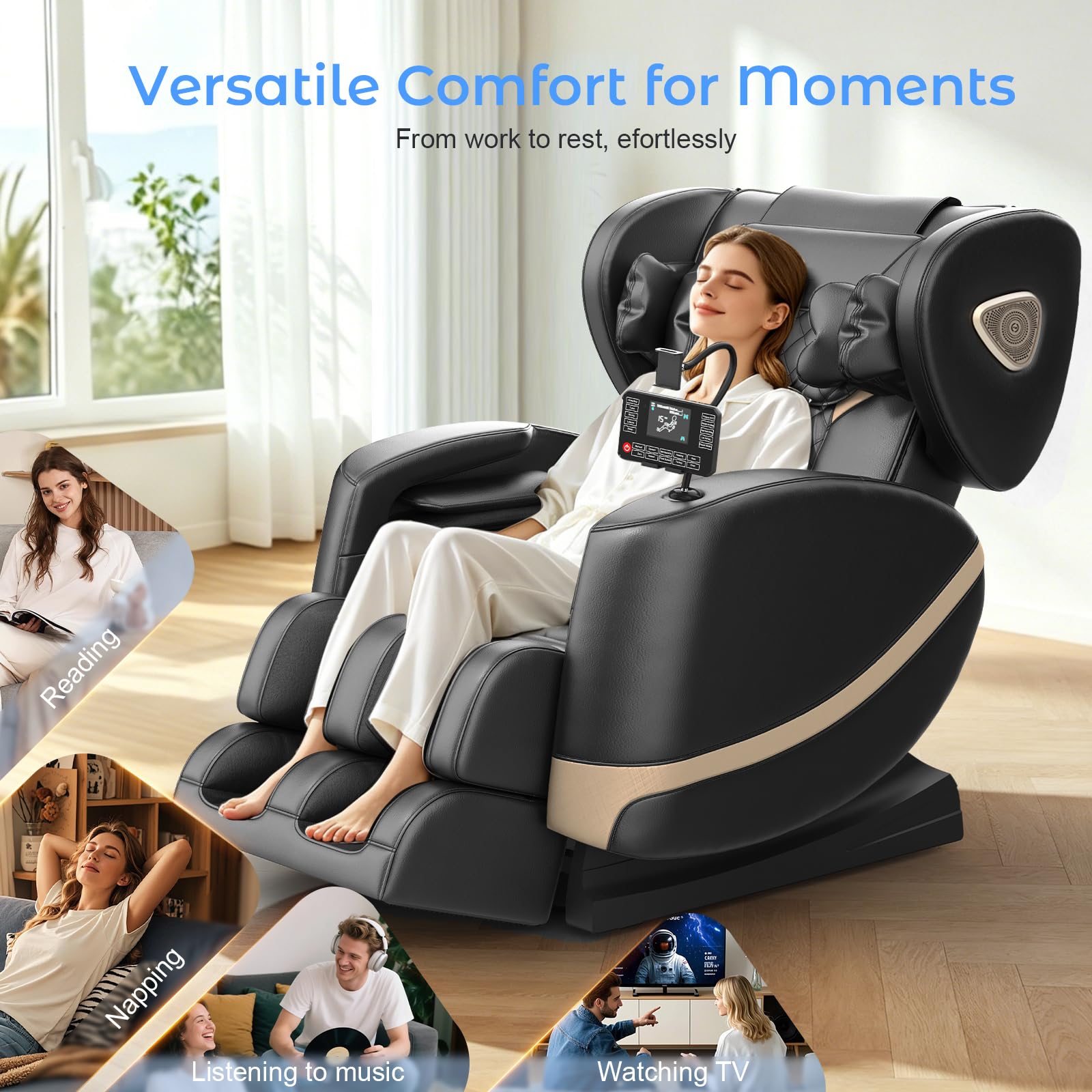 Poltrona Massaggiante per Tutto il Corpo con Rulli e Airbag, Funzione Zero Gravity, Altoparlanti Bluetooth e Touchscreen, Funzione Riscaldante per Vita e Gambe, con Massaggio Plantare (Nero)