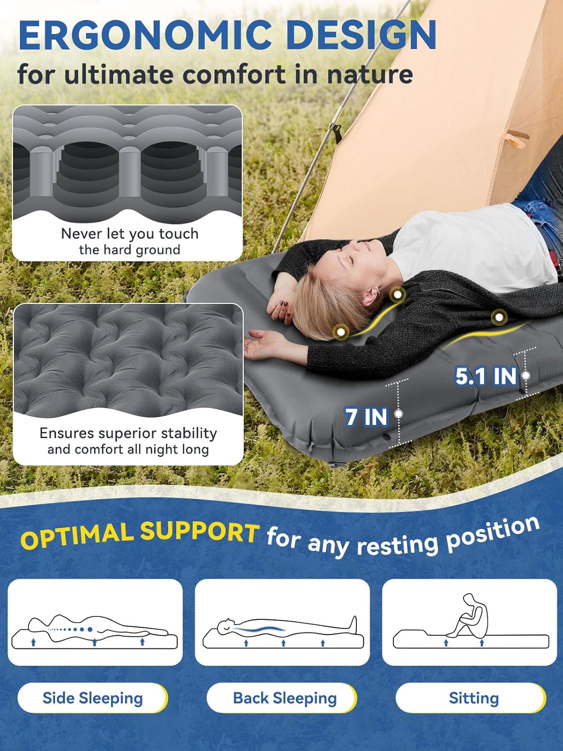 Camping Sleeping Pad, Ultra-Thick 5.1" Camping Mat with Pillow, Built-in Foot Pump Inflatable Sleeping Pads Compact for Camping Backpacking Hiking