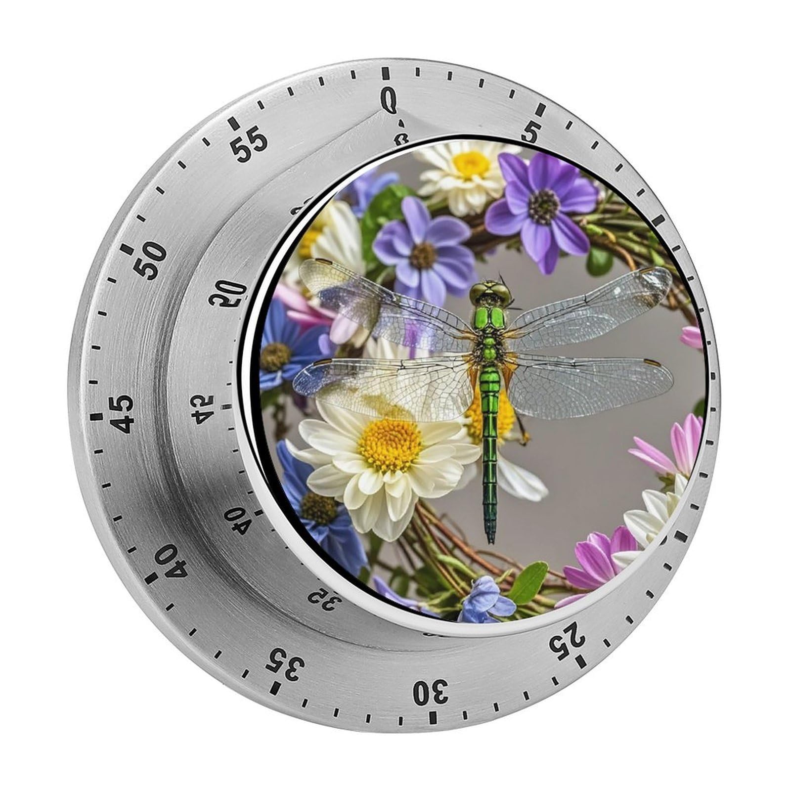 Image of Dragonfly in Wreath Timer with Loud Alarm Precision 60 Minute Wind Up Timer Portable Manual Countdown Timers Exquisite Stainless Magnetic Kitchen Timers for Cooking Chef Clock