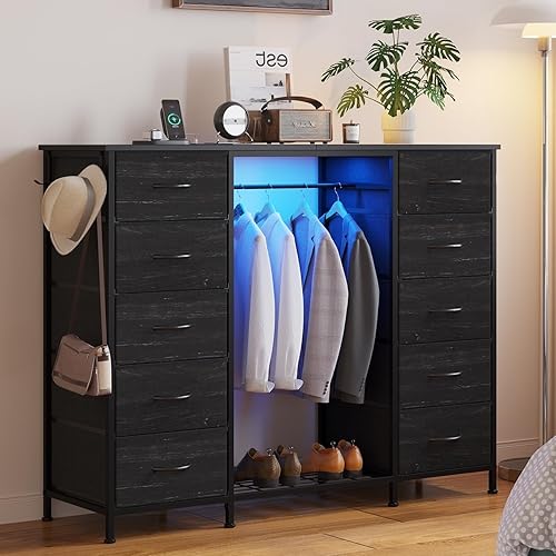 LUMTOK Cómoda 2 en 1 de 55" de ancho con perchero colgante, cómoda de 10 cajones para dormitorio, cómodas con cajones de tela, luces LED, estación