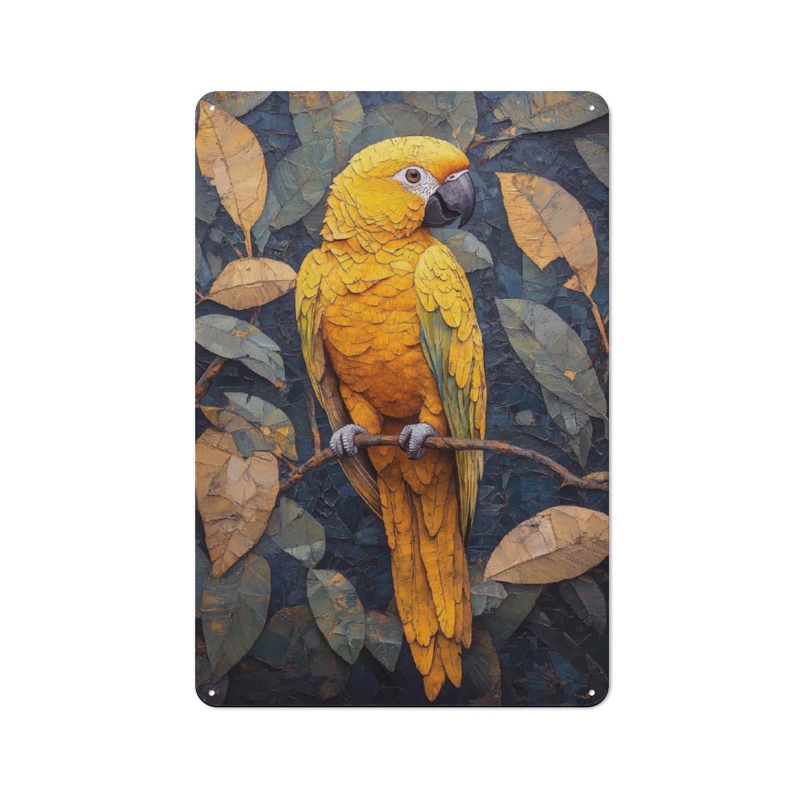 Shed Metal Sign with Golden Parrot on Branch with Leaves Design 30x20cm, Vintage Porch Wall Decor for Patio Bar, Workshop, Shed Or Kitchen
