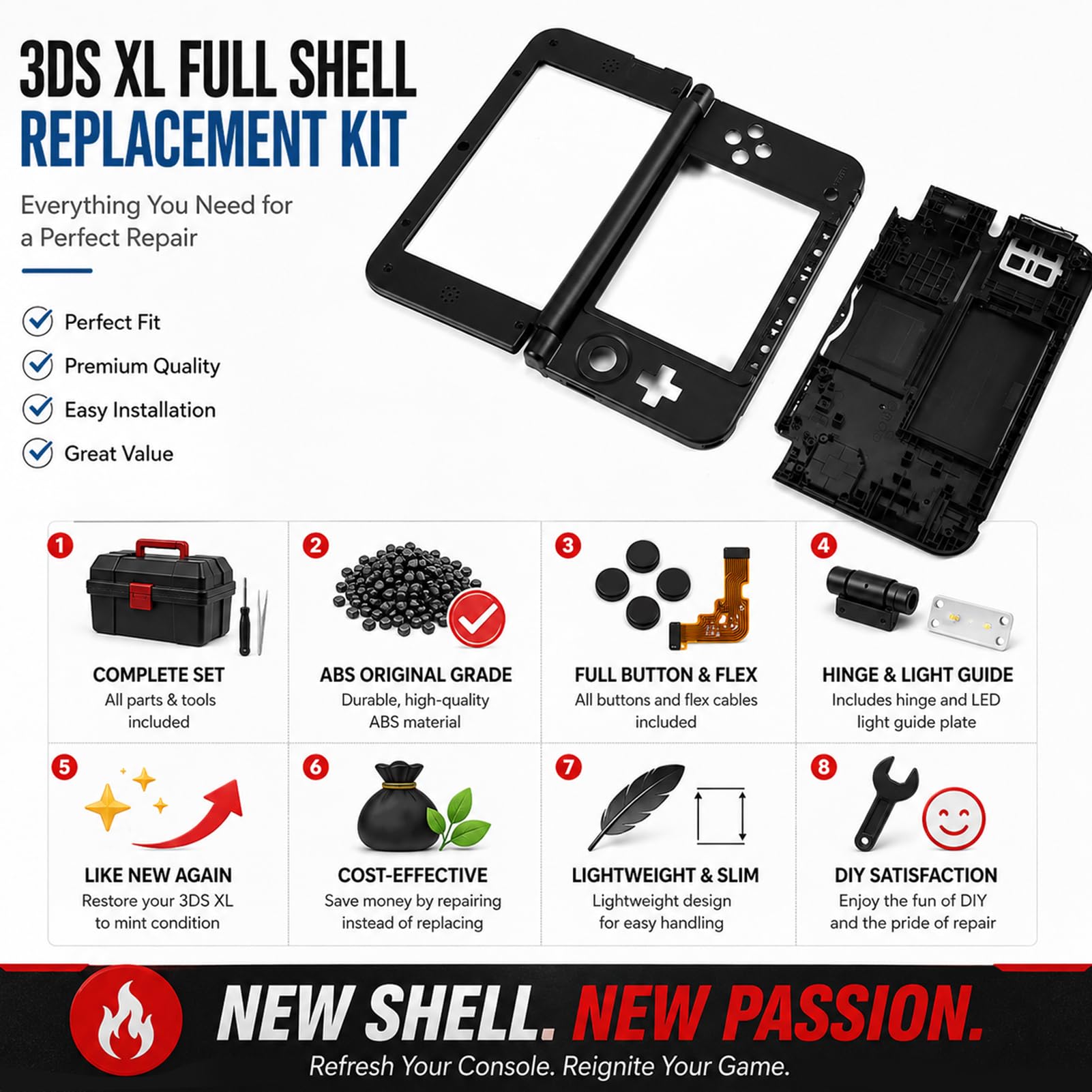 PC Case Full Housing Case Cover Shell Avec Boutons Pièce De Rechange Coque De Protection Pour 3DS XL Game 4 Couleurs(Noir)