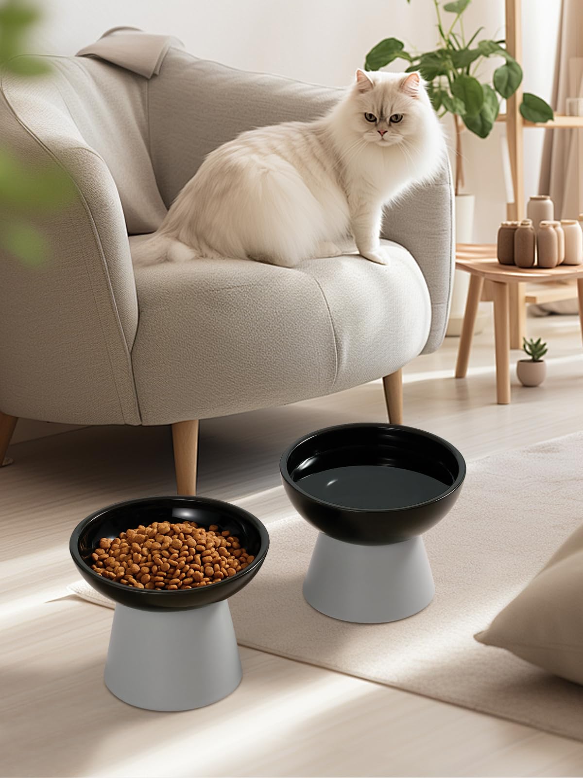 LoeJan Lot de 2 gamelles surélevées pour Chat - Mangeoire en céramique Extra Large et surélevée - Gamelle Anti-vomissement sans Moustaches - pour Chatons Adultes et Petits Chiens (Noir)