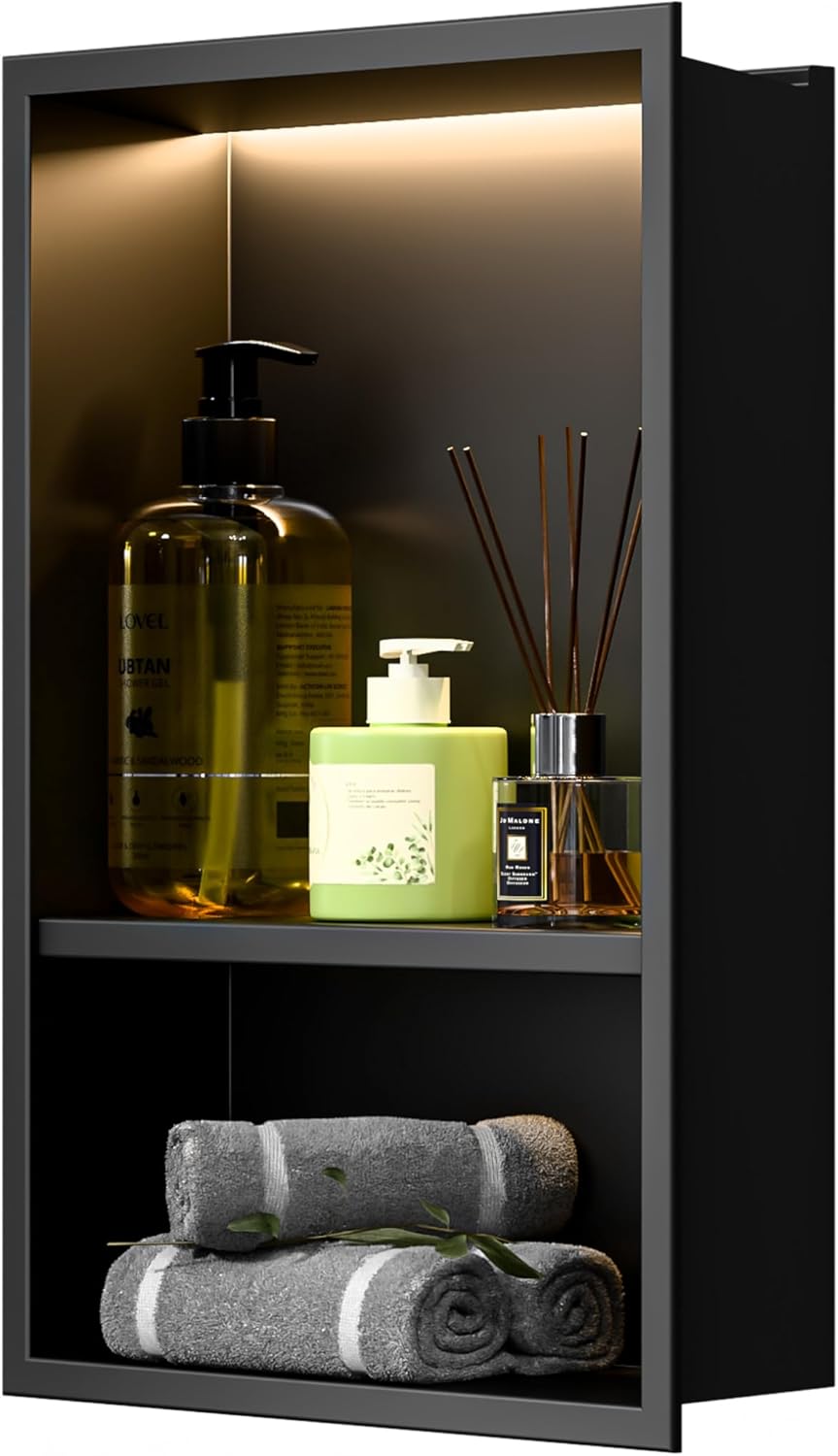 Black LED Shower Niche Stainless Steel 304 for Bathroom Storage Lighting,No Tile Need Recessed Wall Double-Shelves for Waterproof Lighting and Storage,Matte Black, 18″ * 12″ Black LED Shower Niche Stainless Steel 304 for Bathroom Storage Lighting,No Tile Need Recessed Wall Double-Shelves for Waterproof Lighting and Storage,Matte Black, 18″ * 12″