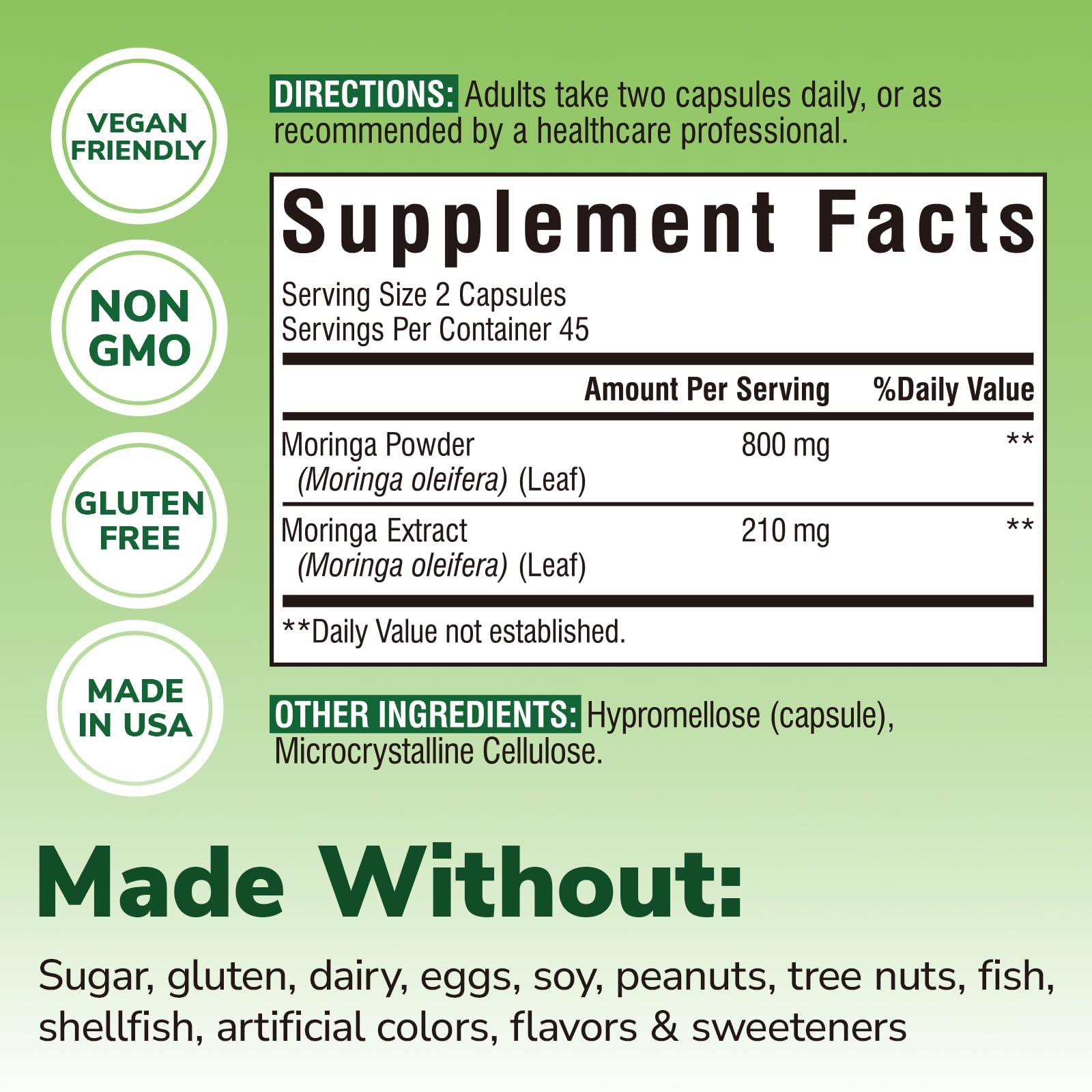 Moringa 1,010 mg, Maximum Potency, Complete Green Superfood, Rich in Antioxidants, No Gluten & Caffeine, Non-GMO, Energy, Immune, Gut & Skin Health, 90 Vegan Capsules — Amazon image 2