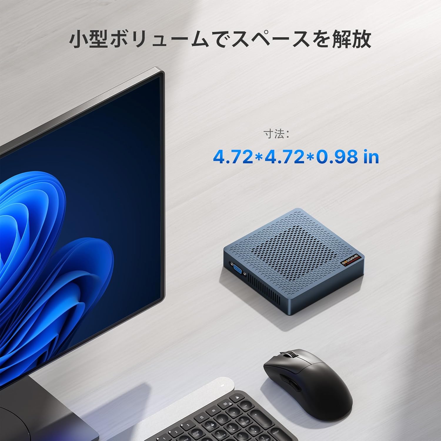 The BOSGAME AG40 Mini PC with a graphic indicating Dual-band Wi-Fi and Bluetooth 5.0 capabilities.