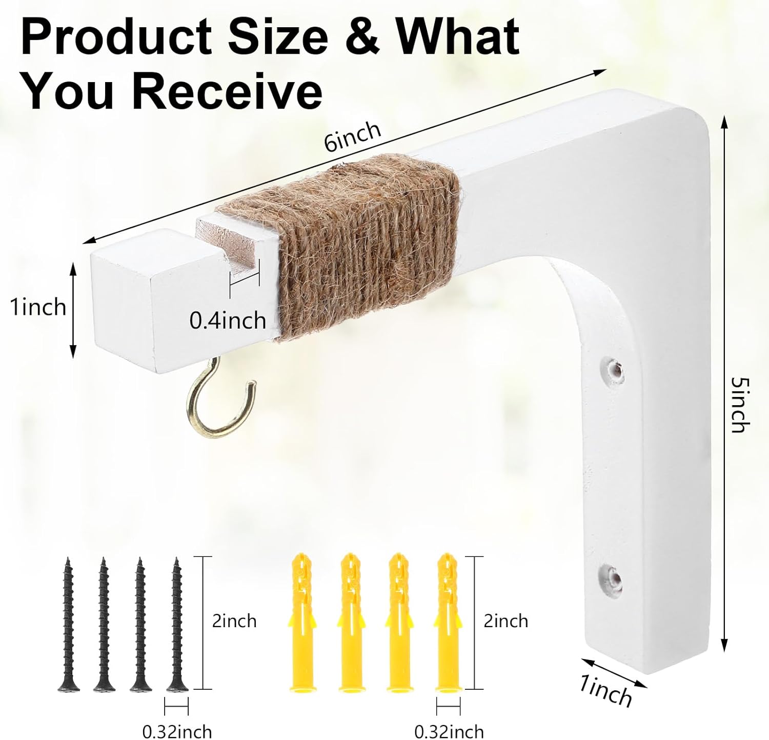 geelin 4 pack wooden plant hanger for wall mounted plant hooks outdoor indoor hanging 6 inch farmhouse hanging basket hooks for garden home wall decoration, l x h x t: 6 x 5 x 0.8inch(white)