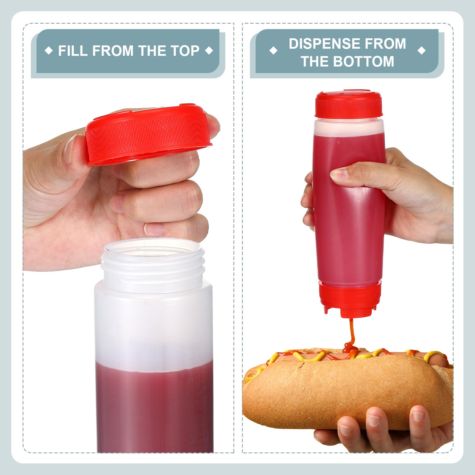 Didaey 4 botellas exprimibles recargables de 20 onzas, punta de plástico invertida, dispensador de válvula grande, botella de condimentos para salsas, ketchup, crema agria, dispensador de jarabe