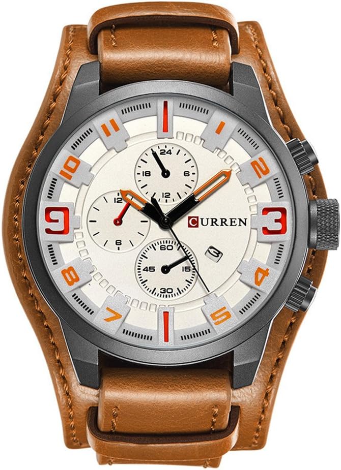 Men Retro Wide Cuff Calendar Watch Decorative White Sub-Dial Chronograph Watch Brown Leather Strap Wrist Watch Gift