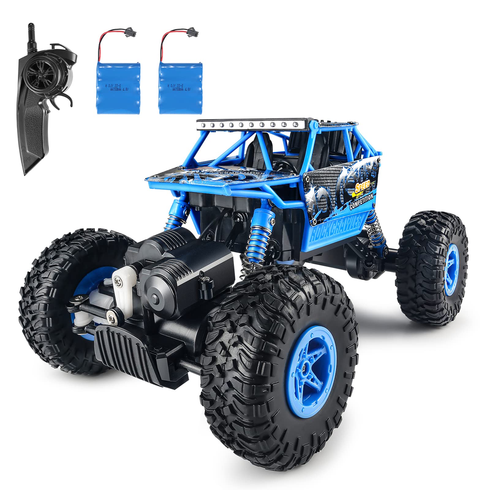 Remote Control Car 2.4Ghz RC Cars 4WD Powerful All Terrains RC Rock Crawler Electric Radio Control Cars Off Road RC Monster Trucks Toys with 2 Batteries for Kids Boys Girls Blue