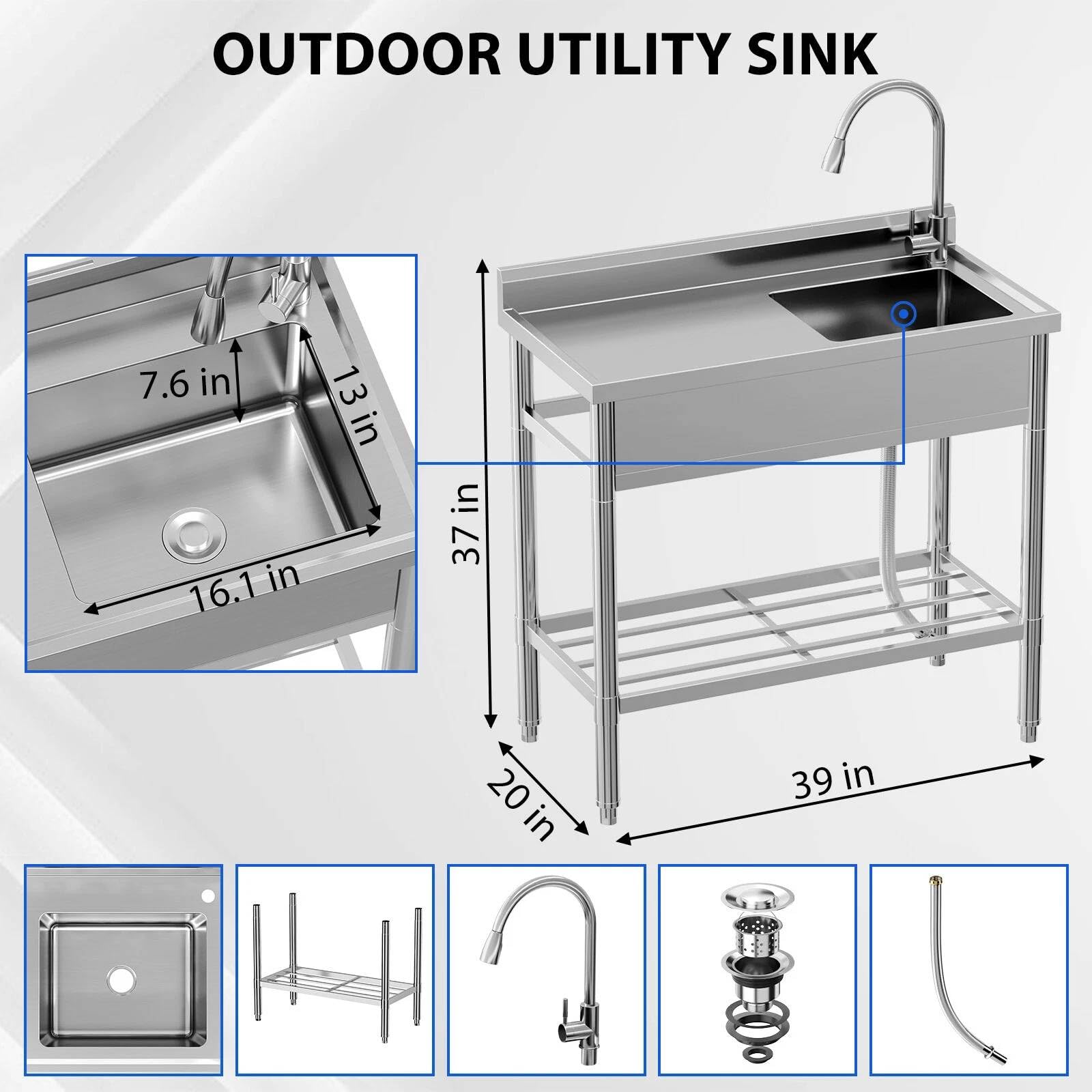 Waschbecken Set Küchenspüle aus Edelstahl Freistehende Spüle Gewerbespüle Spülenbecken Spülentisch mit Wasserhahn und Kalt- Und Warmwasserleitung für Restaurants Geschäfte Küchen (100x50 cm)