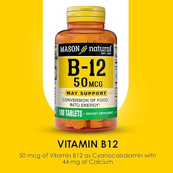 MASON NATURAL Vitamin B12 50 ميكروغرام مع الكالسيوم، إمداد لمدة 100 يوم، مكمل غذائي لدعم مستويات الطاقة الطبيعية، 100 قرص (عبوة من 1)