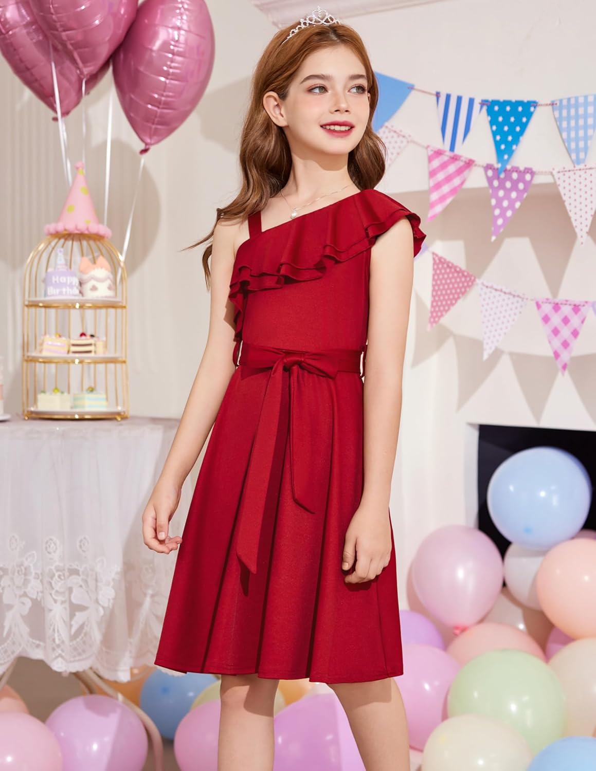 Arshiner Girls Dress One Shoulder Formal Ruffle Trim Birthday Party Dresses with Belted Pockets for 5-12 Years - Image 4